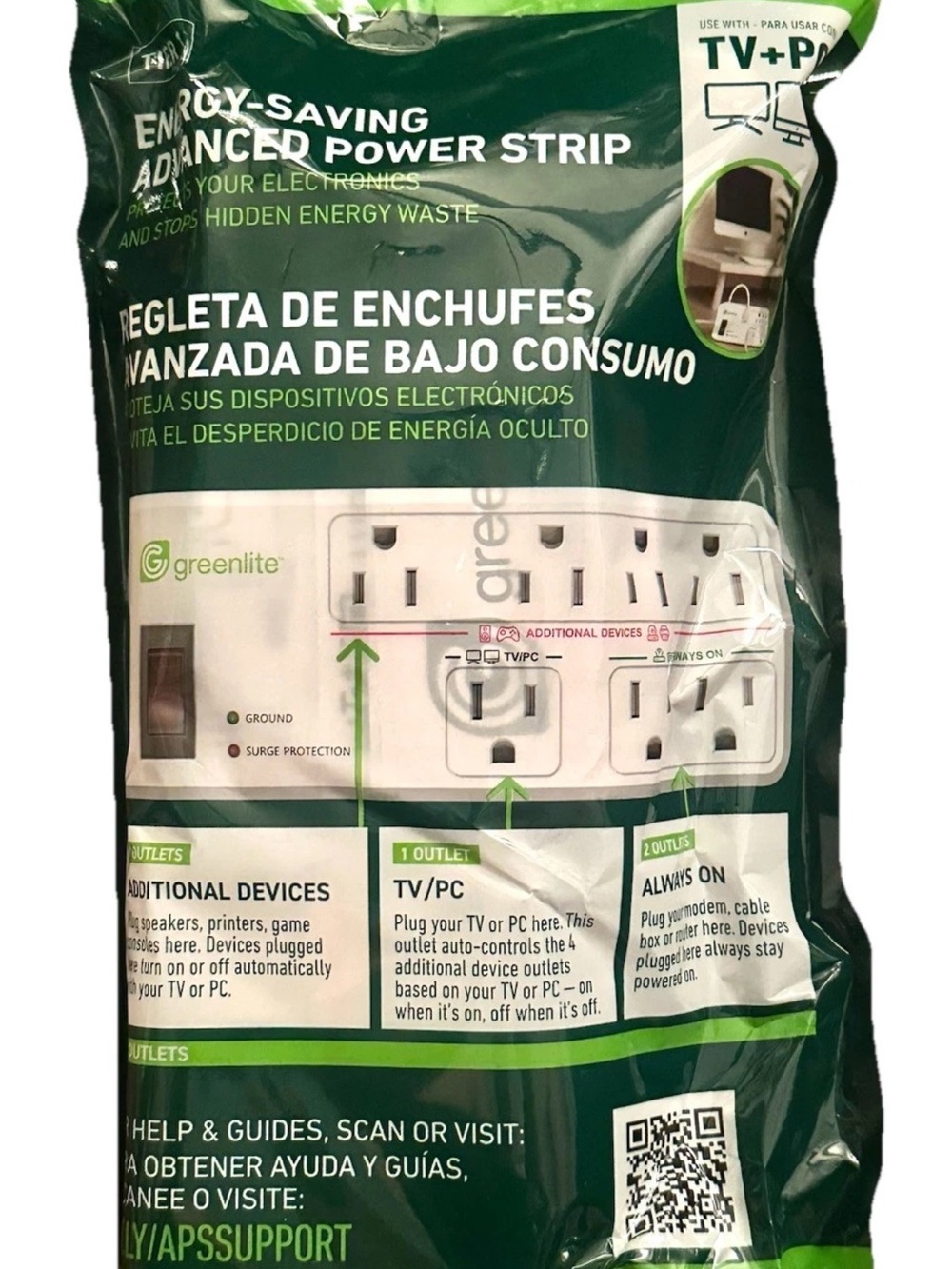 Greenlite 7 Outlet Energy-Saving Tier 1 Advanced Power Strip + Surge Protection